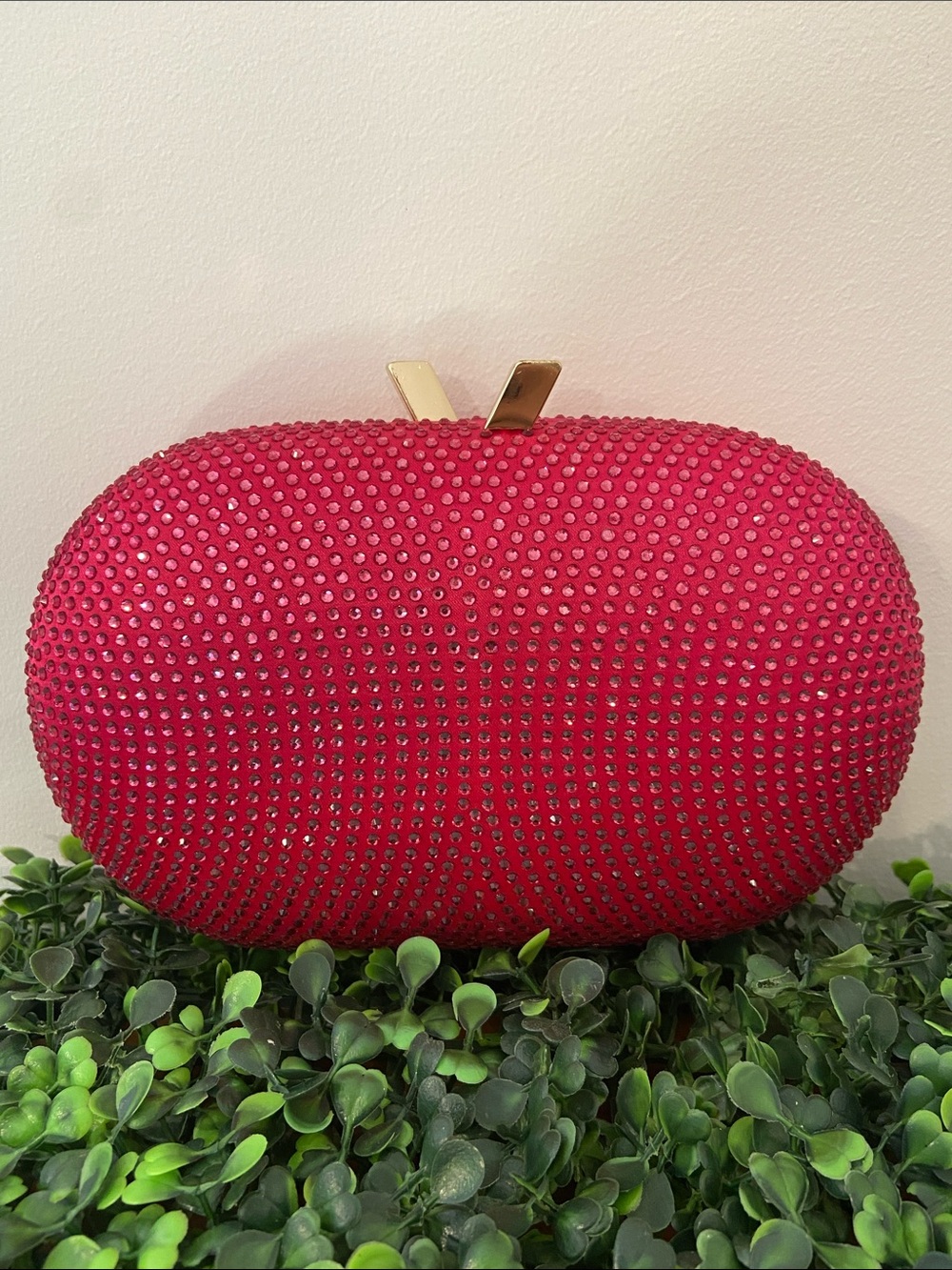 Olga Berg Red Crystal-Studded Evening Clutch